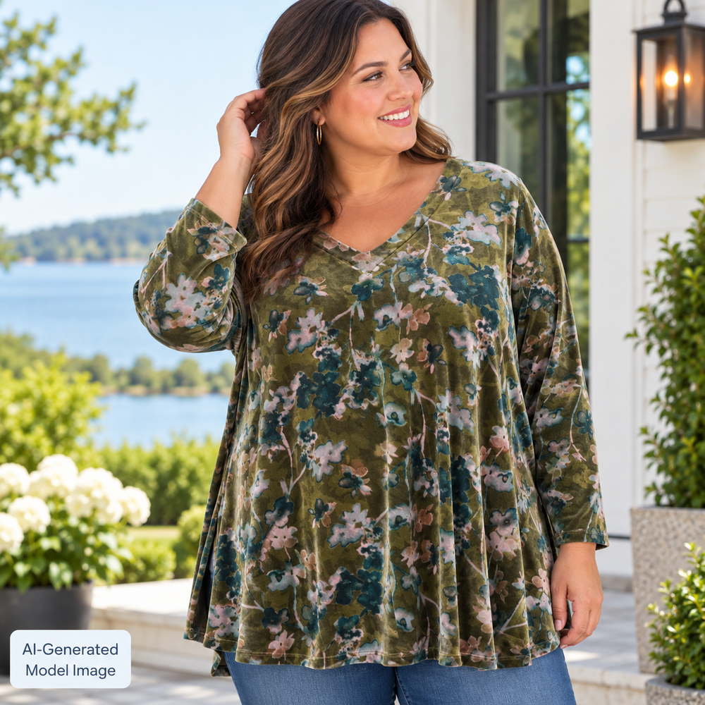 Pure Jill Tunic Blouse Womens 2X Green Floral Velour V-Neck Long Sleeve Stretch